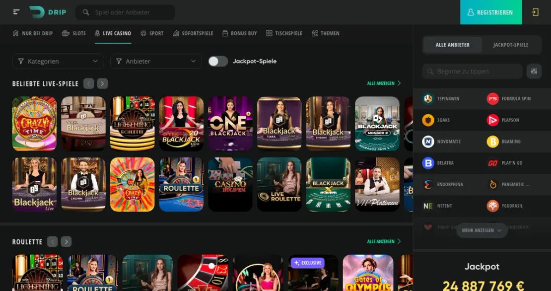 Live-Casino-Bereich von Drip Casino mit Spielshows und Roulette