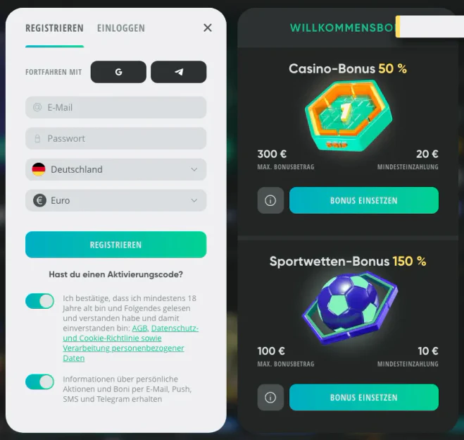 Registrierungsformular bei Drip Casino mit Kontowährung EUR
